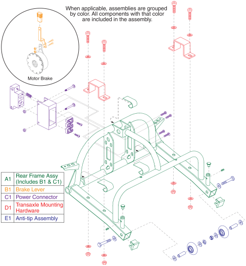 Rear Frame, Break Lever, Power Connector, Anti-tip, 4 Wheel, Gogo Sport parts diagram