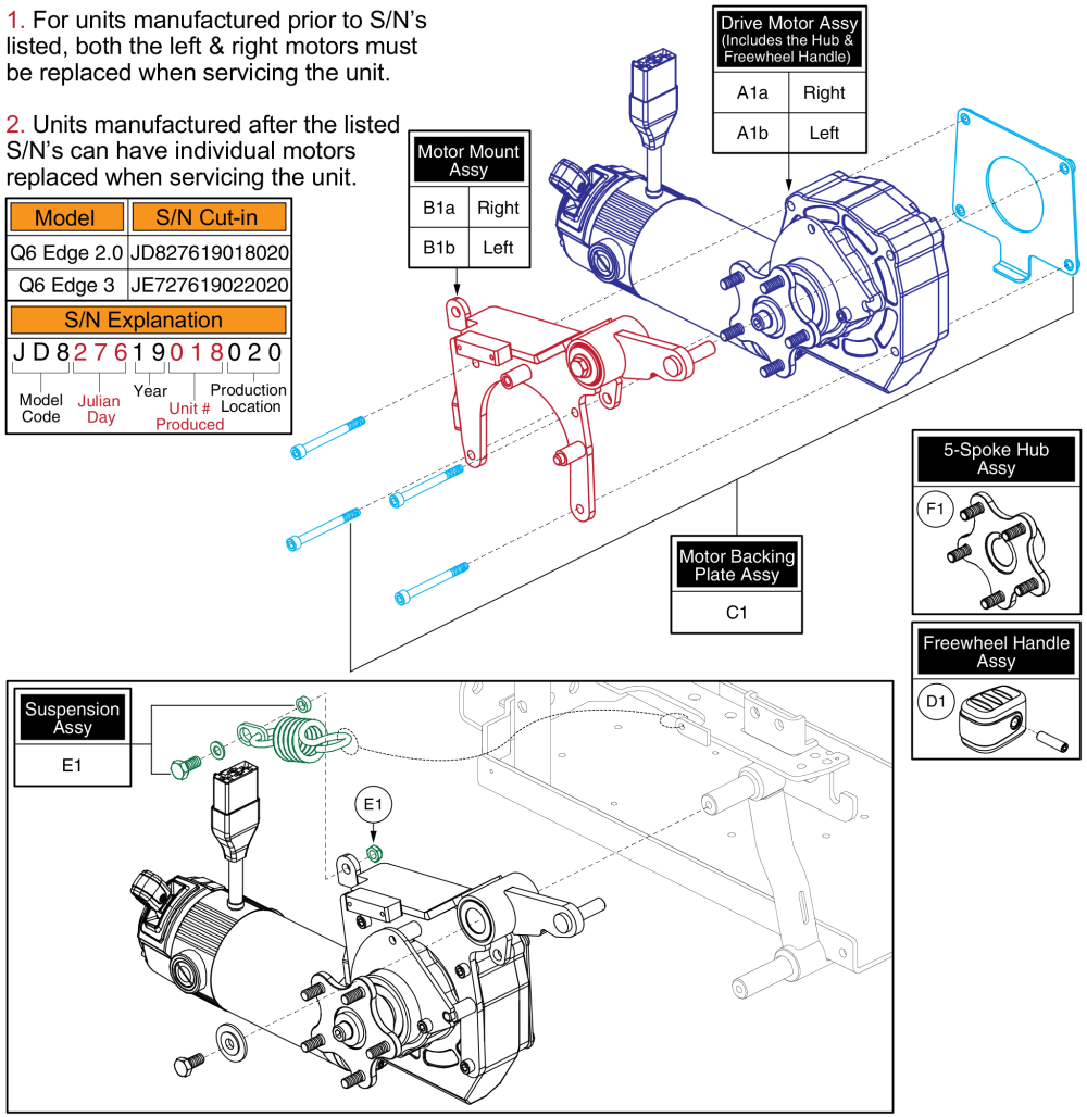 6mph Drive Motor Assy - 5-spoke Hub, Curtis Connector, Q6 Edge 3 parts diagram