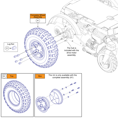 14x4 Flat-free Drive Wheel, Black Rim/black Tire, R-trak parts diagram