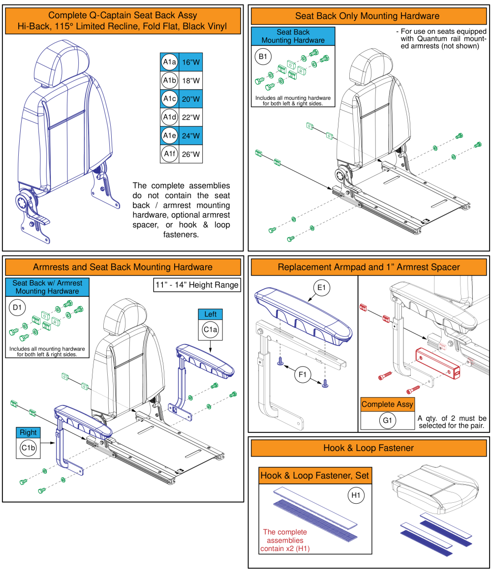 Q-captain Seat, Hi-back, Solid Seat Pan, 115°ltd Recline, Fold Flat, Black Vinyl parts diagram