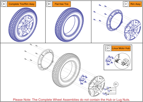 Drive Wheel - Flat-free, 5 Spoke Titanium Rim/black Tire parts diagram