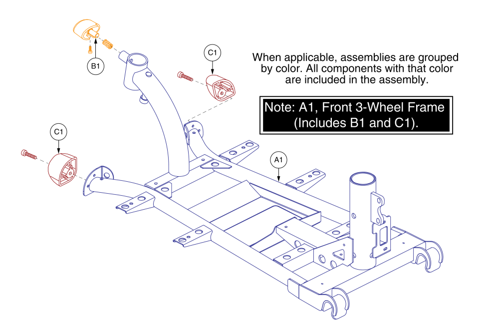 Front Frame, Bumper, Tiller Knob / Spring / Screw, 3 Wheel, Gogo Sport parts diagram
