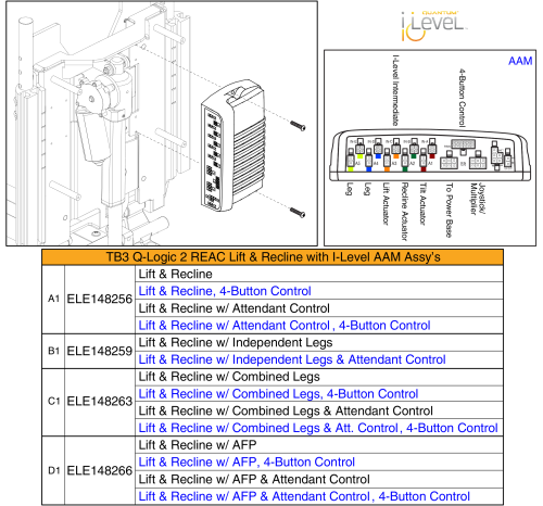 Lift & Recline Aam Assy's, Q-logic 2 - Reac Lift / I-level parts diagram