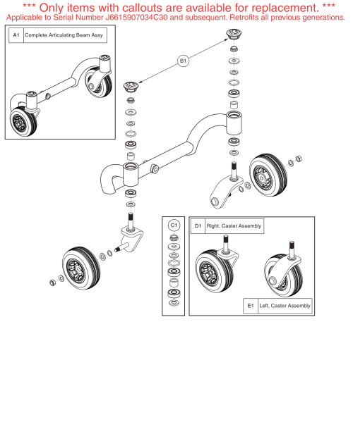 Articulating Beam, Anti-flutter Kit, Caster Wheel W/ Fork. (s/n J6615907034c30 And Sub. Retrofits All Previous Generations.) Go-chair / Z-chair parts diagram