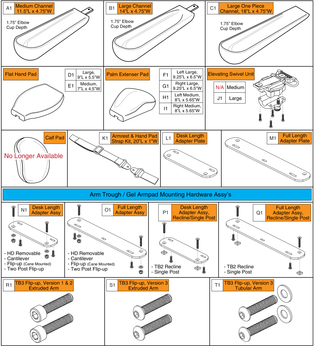 Otto Bock Positioning Components - Arm Trough / Palm Extenser / Hand Pad parts diagram