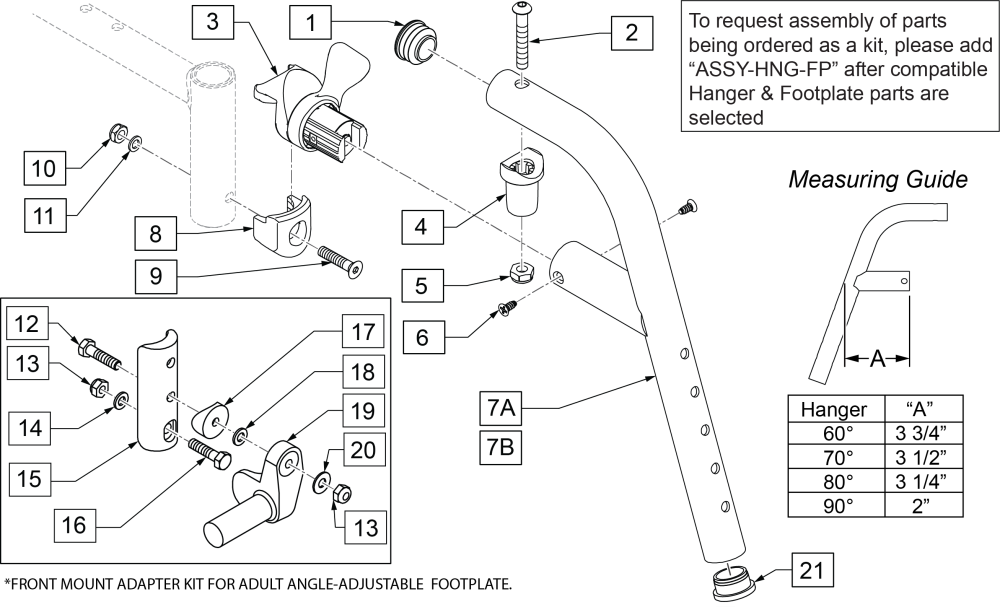 70 & 80 Deg Front Mount Swing In/out Hanger parts diagram