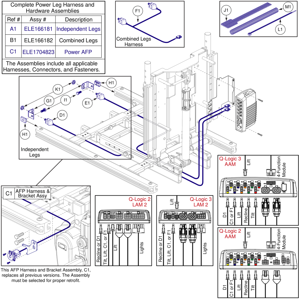 Powered Legrest Harnesses And Mounting Hardware, Tb3 parts diagram