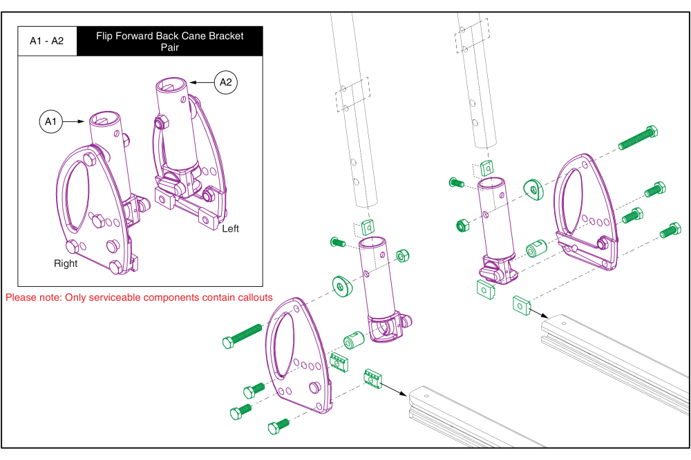 Back Cane Bracket, Flip Forward - Kozmo Pediatric Seat parts diagram