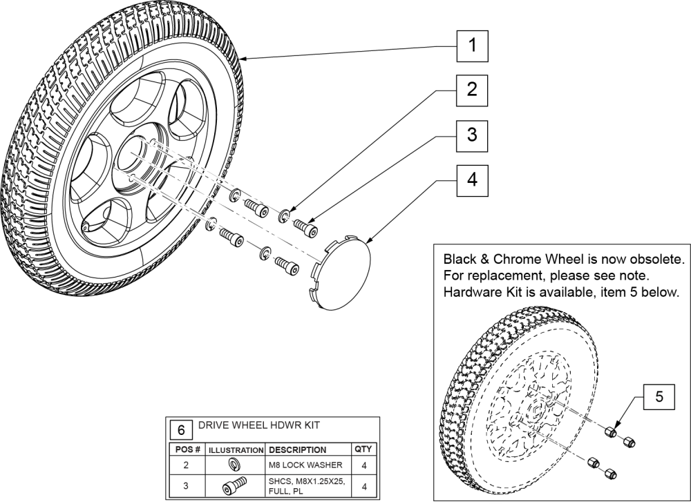 Drive Wheel Black Rim 5 Spoke parts diagram