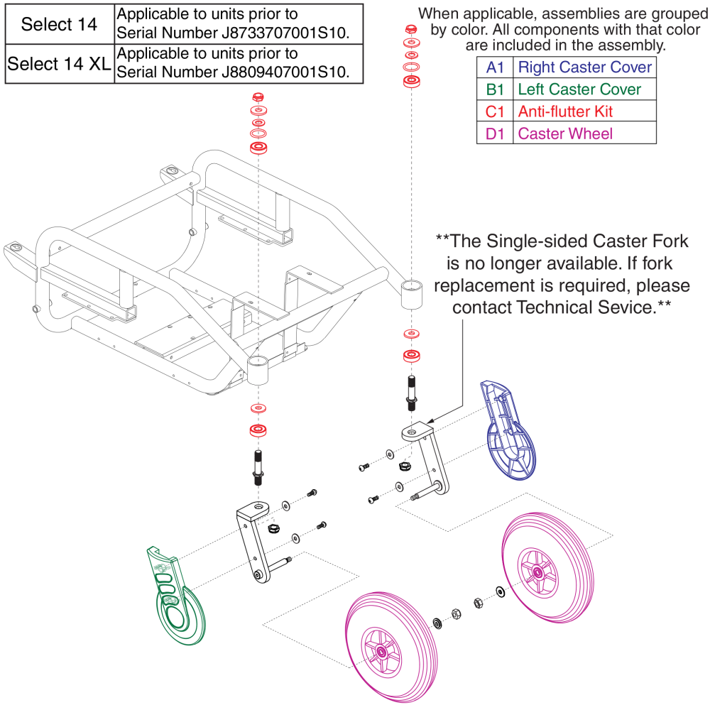 Rear Caster Wheels, Single Sided Forks, And Bearings, Jazzy Select 14 parts diagram