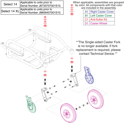 Rear Caster Wheels, Single Sided Forks, And Bearings, Jazzy Select 14 parts diagram