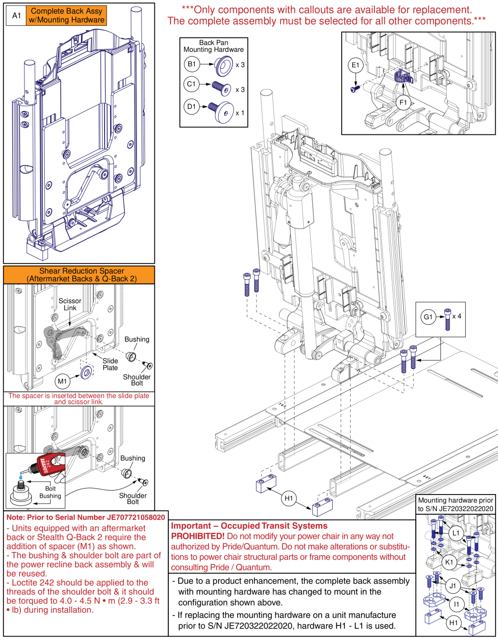 Recline Back Assy, Static Base, Tb3 Redesigned Back, Wc19 parts diagram