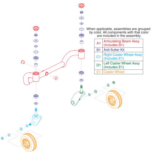 Articulating Beam, Anti-flutter, Caster Wheel & Fork Assy, Jazzy Select Traveller parts diagram