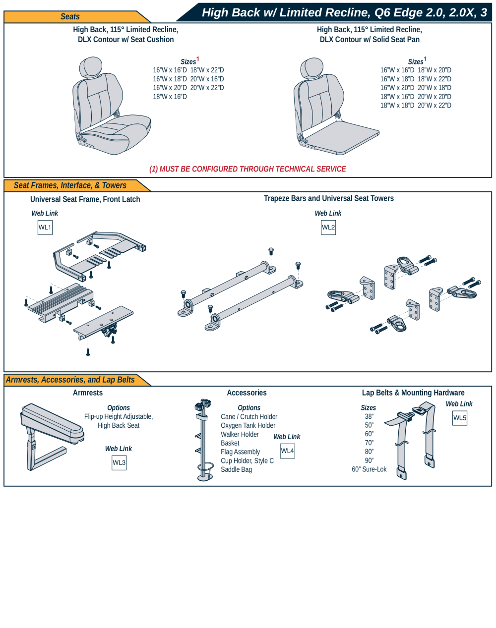 115º Ltd. Recline Seat, Hi-back Seat Matrix, Q6 Edge 2.0, 2.0x, 3 parts diagram