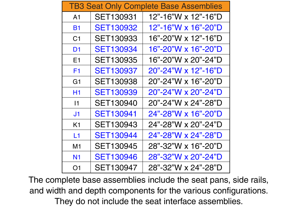 Seat Only Complete Base Matrix, Tb3 parts diagram