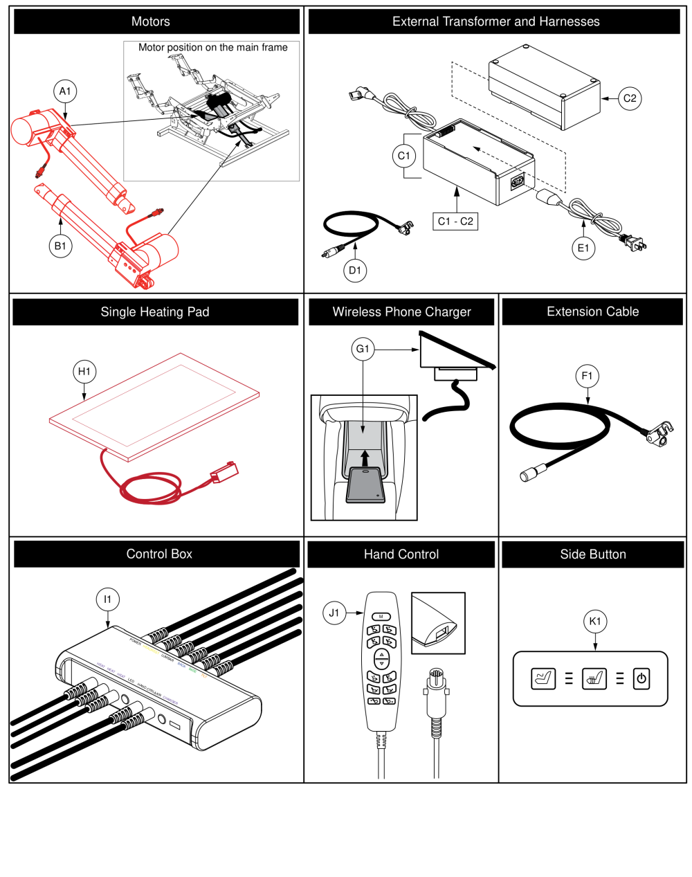 Control Box, Hand Control, Side Button, Motors & Transformer parts diagram