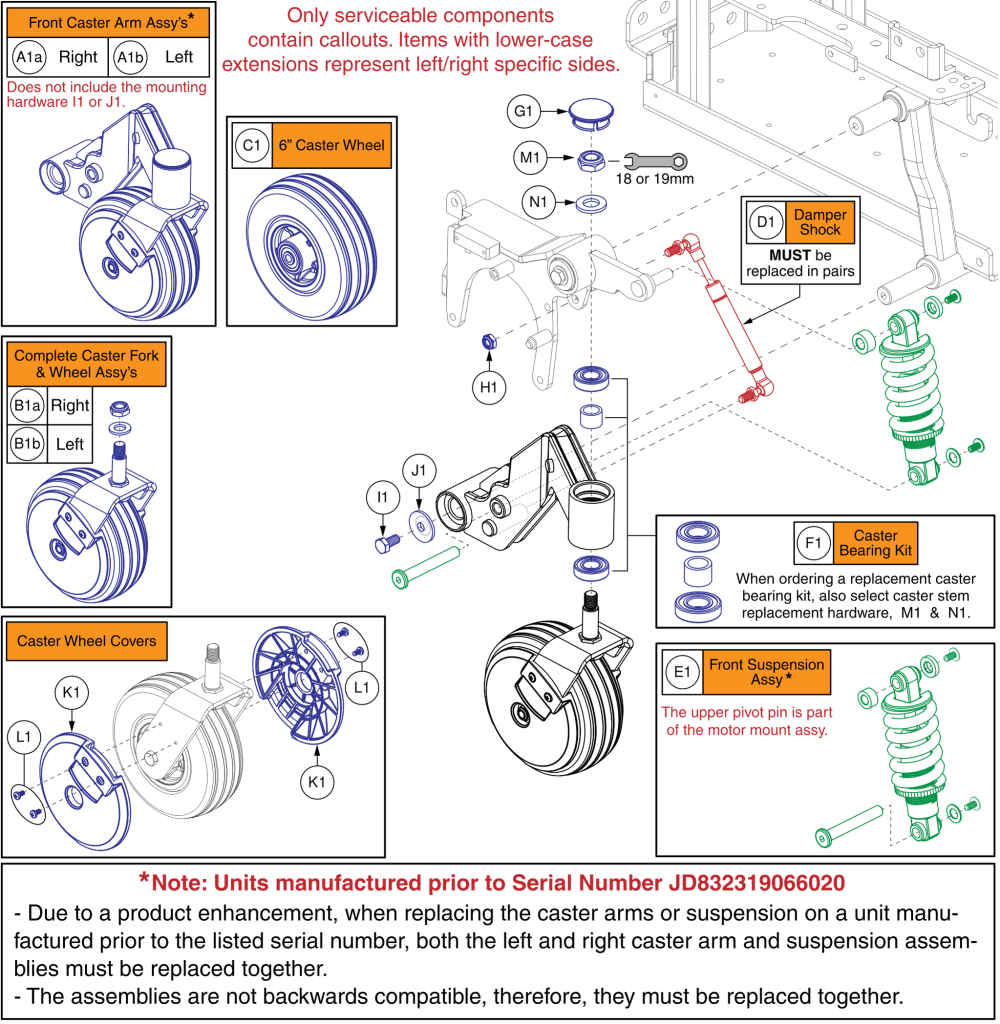 Front Caster Assy - 6” Casters, Q6 Edge 2.0 parts diagram