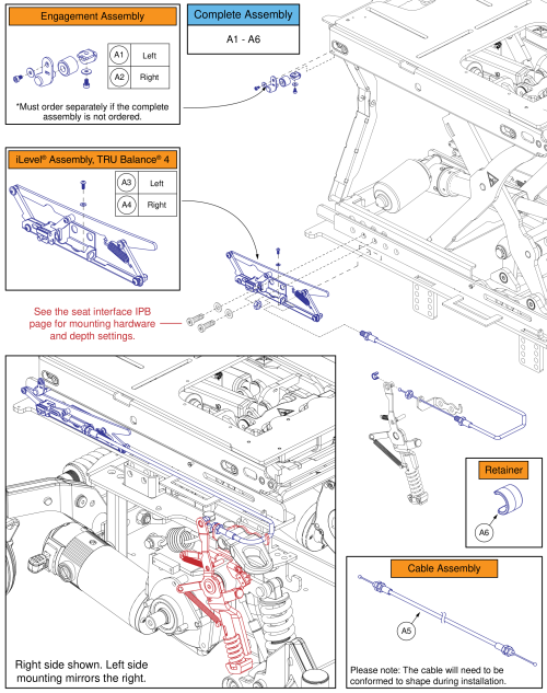 Ilevel® Seat Engagement Assy & Cable, Q6 Edge® 3, Tru Balance® 4 Seating parts diagram