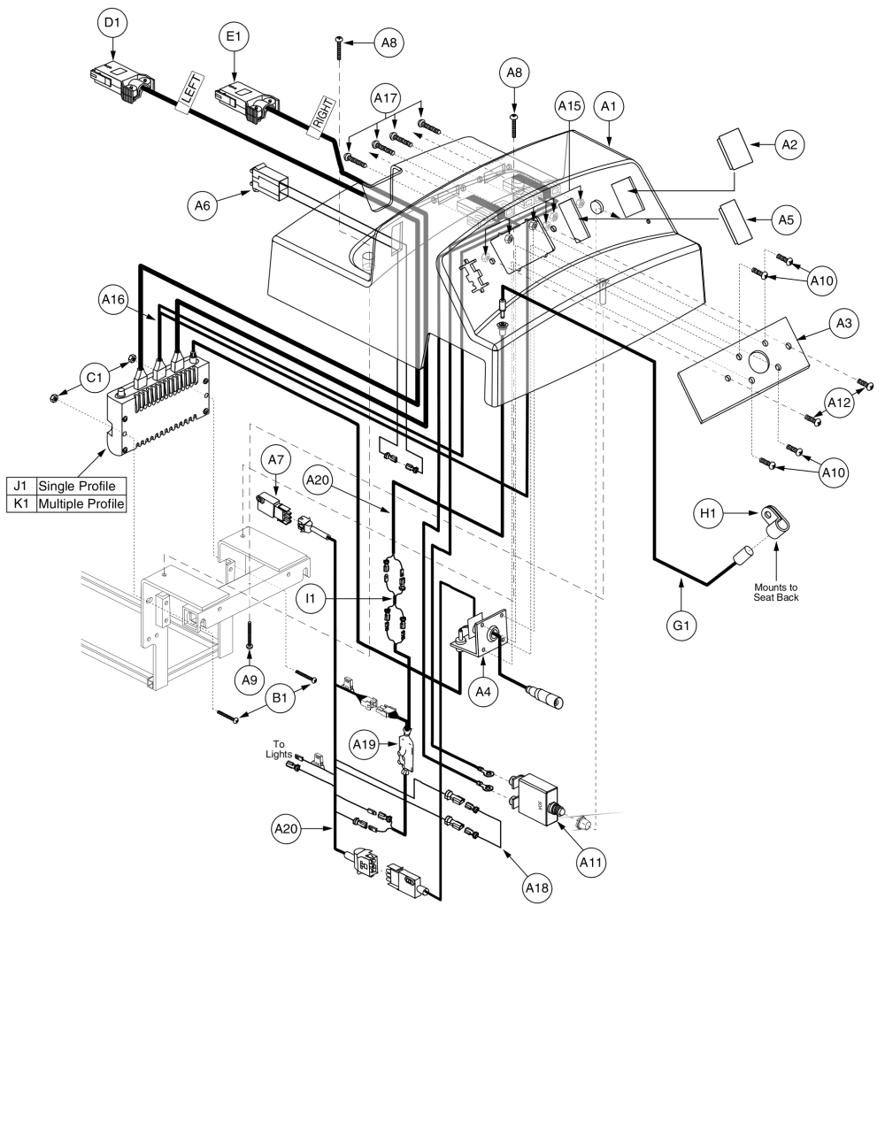 Remote Plus, Recline/tilt Inhibit, Off-board Charger Electronics Assembly, Jazzy 1113 Ats parts diagram