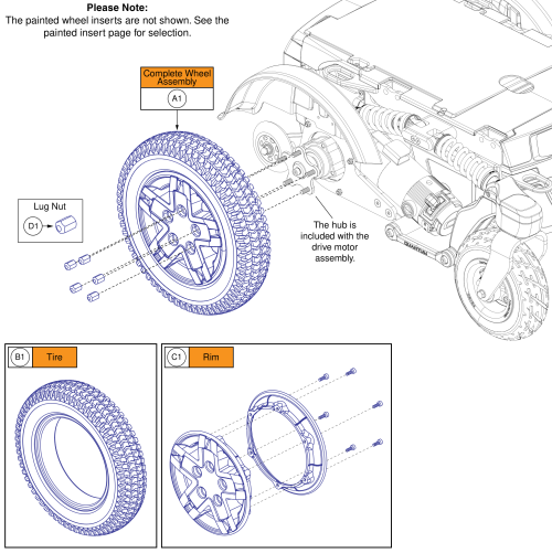 14x3 Flat-free Drive Wheel, Black Rim/black Tire, R-trak parts diagram