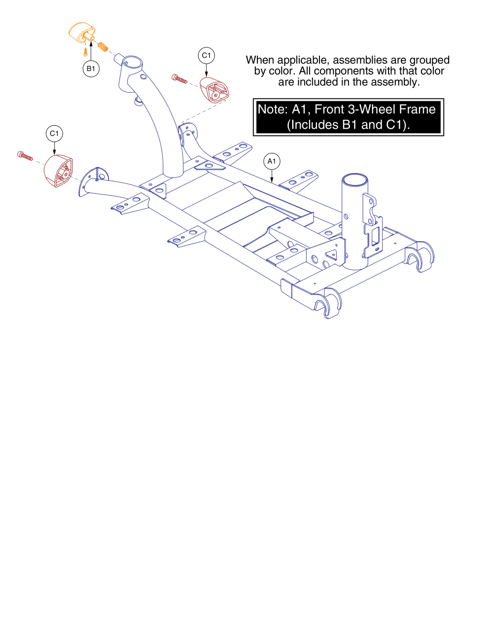 Front Frame W/ Bumpers, 3-wheel, Gogo Elite Traveller Plus parts diagram