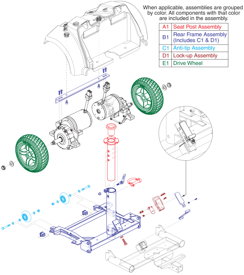 Rear Frame, Seat Post, Anti-tip, Lock-up & Drive Wheels, Jazzy Select Traveller parts diagram