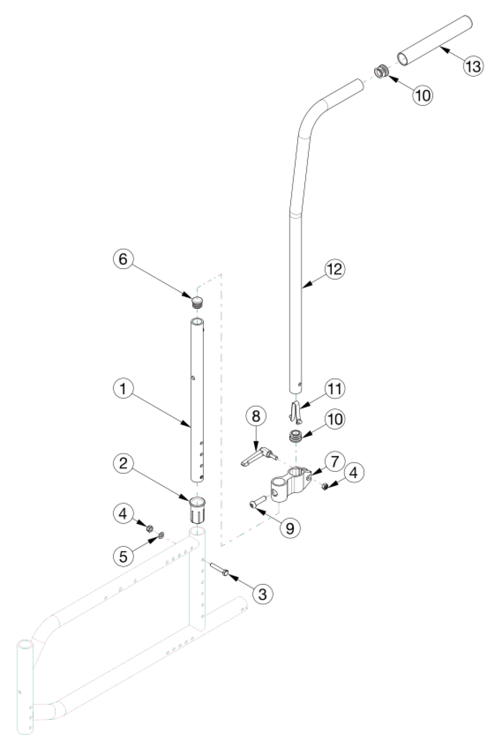 Straight No Push Handle And Caregiver Height Adjustable Stroller Handles parts diagram