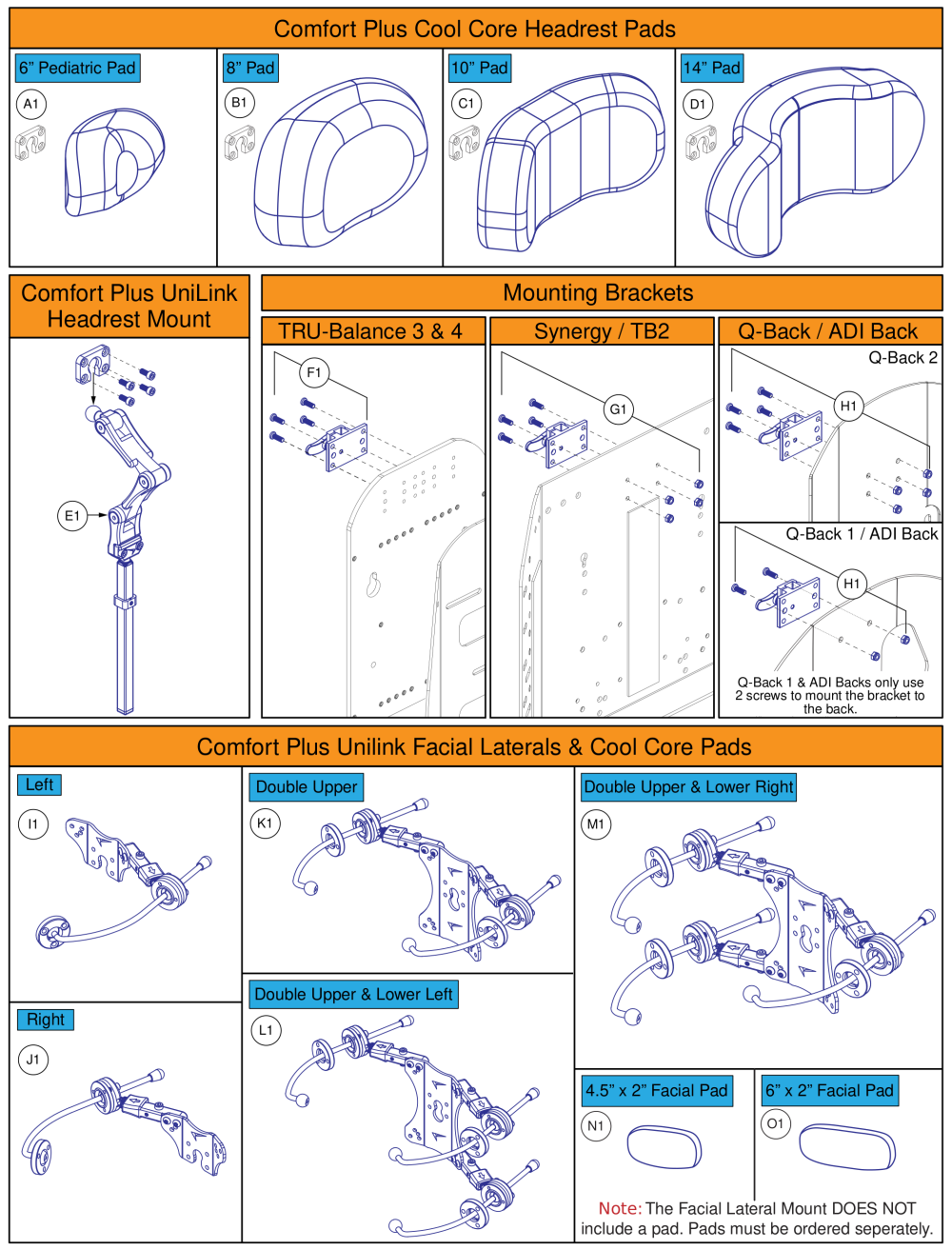 Stealth Comfort Plus Unilink Headrest Brackets, Pads, Laterals, And Mounts parts diagram