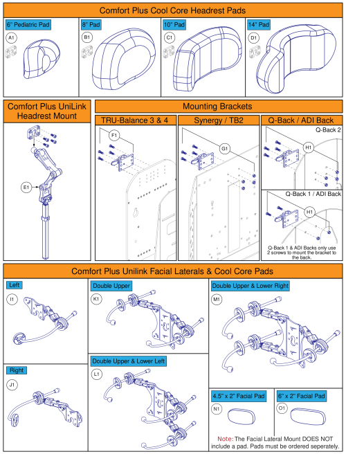 Stealth Comfort Plus Unilink Headrest Brackets, Pads, Laterals, And Mounts parts diagram