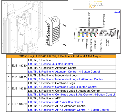 Lift, Tilt, & Recline Aam Assy's, Q-logic 2 - Reac Lift / I-level parts diagram