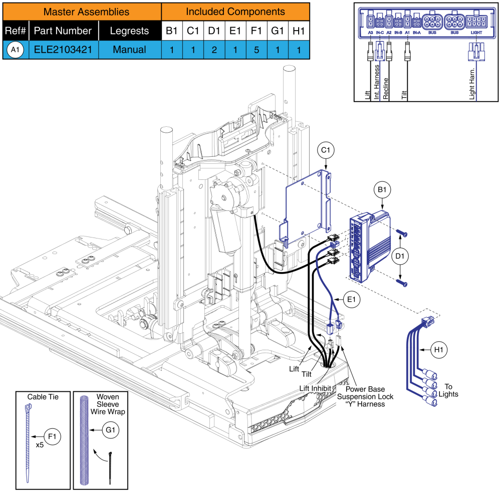 Ql3 Am3l, Tb3 Lift, Tilt, & Recline W/ Ilevel (q6 Edge Series, R-trak, Stretto Full Seat Lights) parts diagram