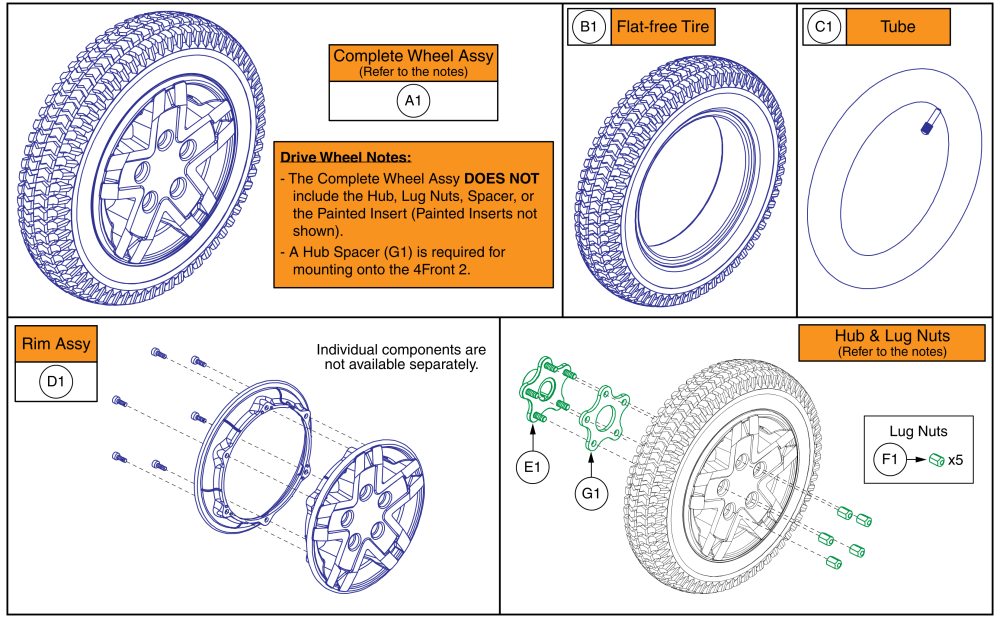 Pneumatic Drive Wheel, 5 Spoke Black Rim / Black Tire, 4front 2 parts diagram
