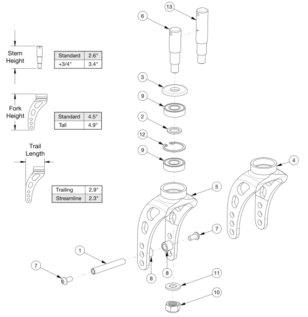 Rogue2 / Rogue Xp Caster Forks And Stems parts diagram