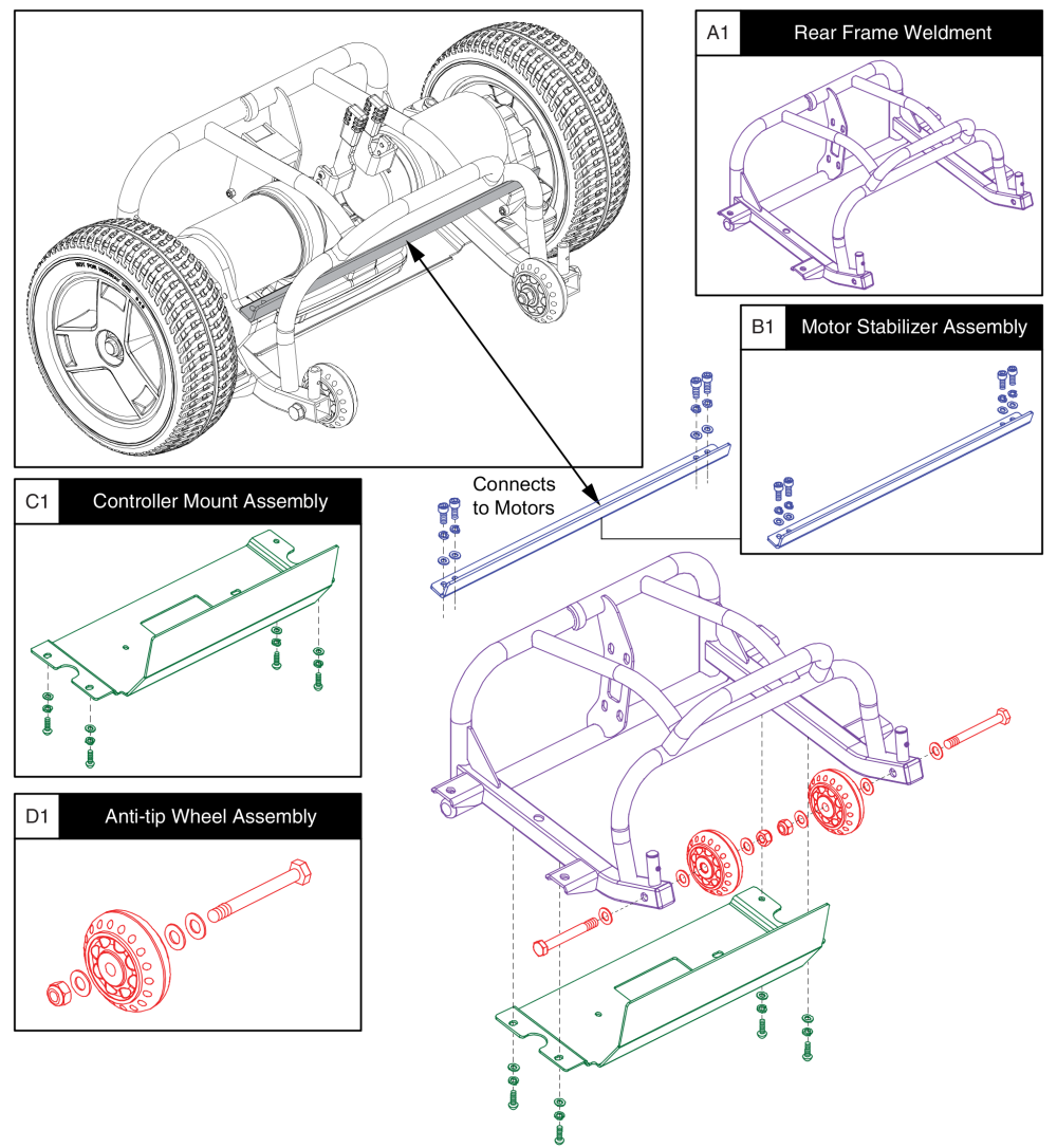 Rear Frame, Anti-tip, Controller Mount, Motor Stabilizer - Kozmo parts diagram