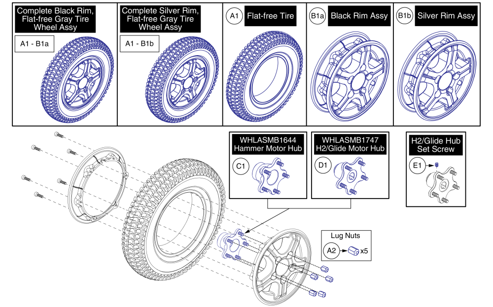 Flat-free Wheel Assy's - 5 Spoke Hub, Q6000z parts diagram