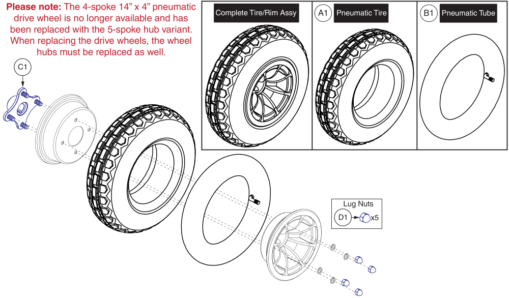 Pneumatic Drive Wheel, 4 Spoke Black Rim/black 