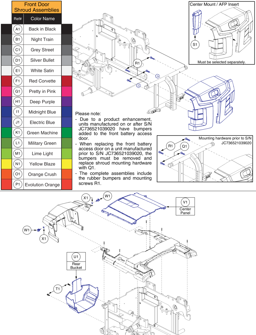 Edge Z / Q6 Ultra Shroud Assy - Rear Bucket, Center Panel, Plastic Inserts, & Hardware parts diagram