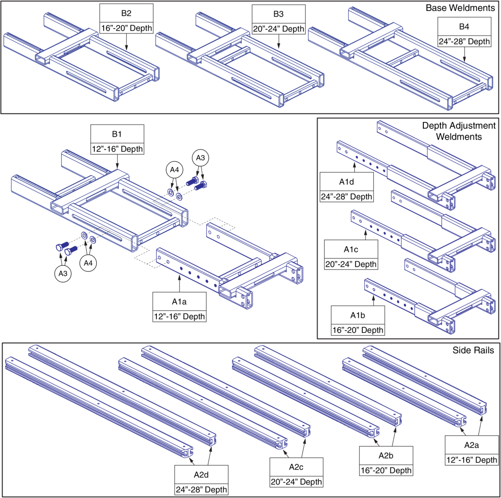 Seat Only Depth Components And Side Rails, Tb3 parts diagram