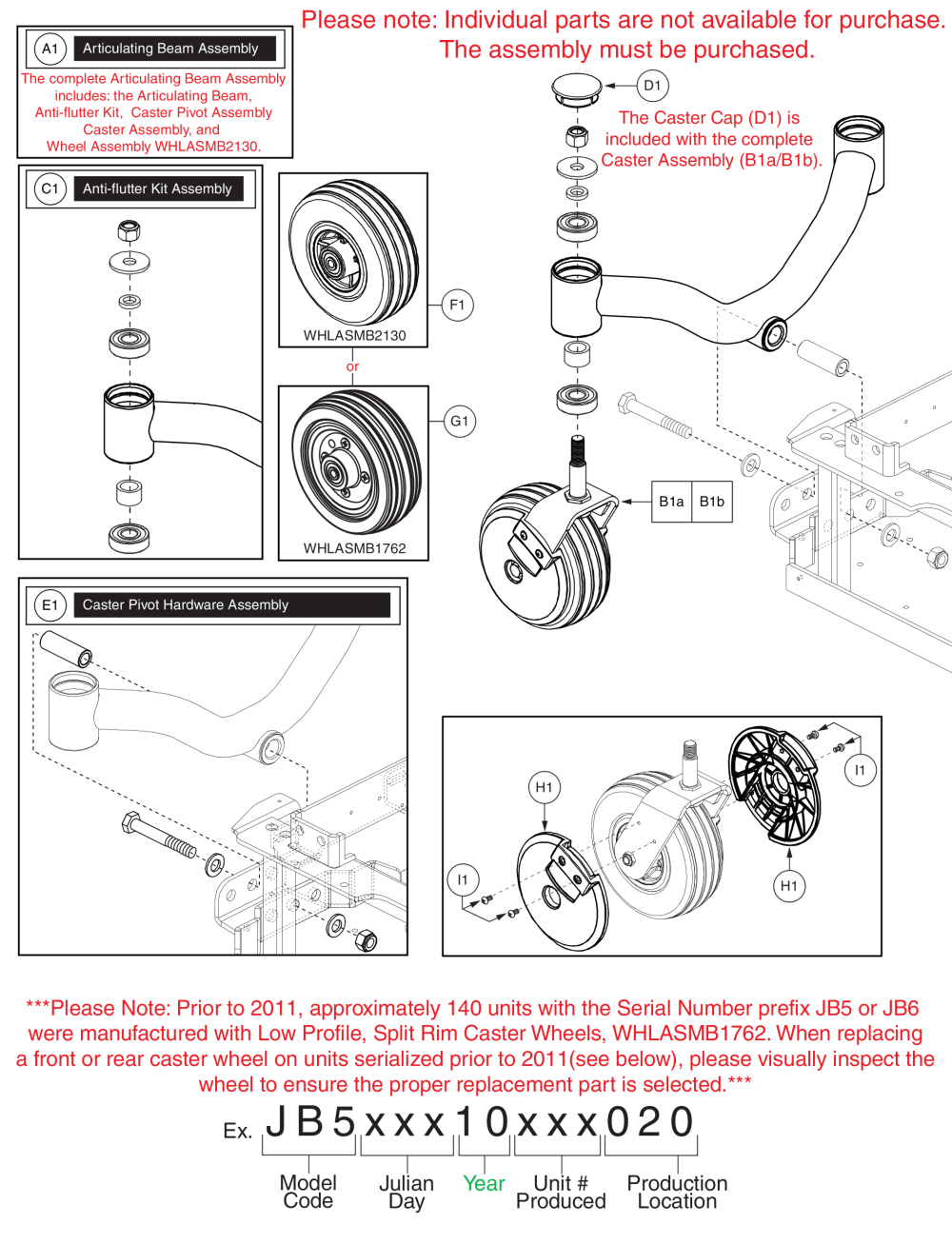 Articulating Beam Assy - One Piece Beam, 6” Casters, Q6 Edge parts diagram
