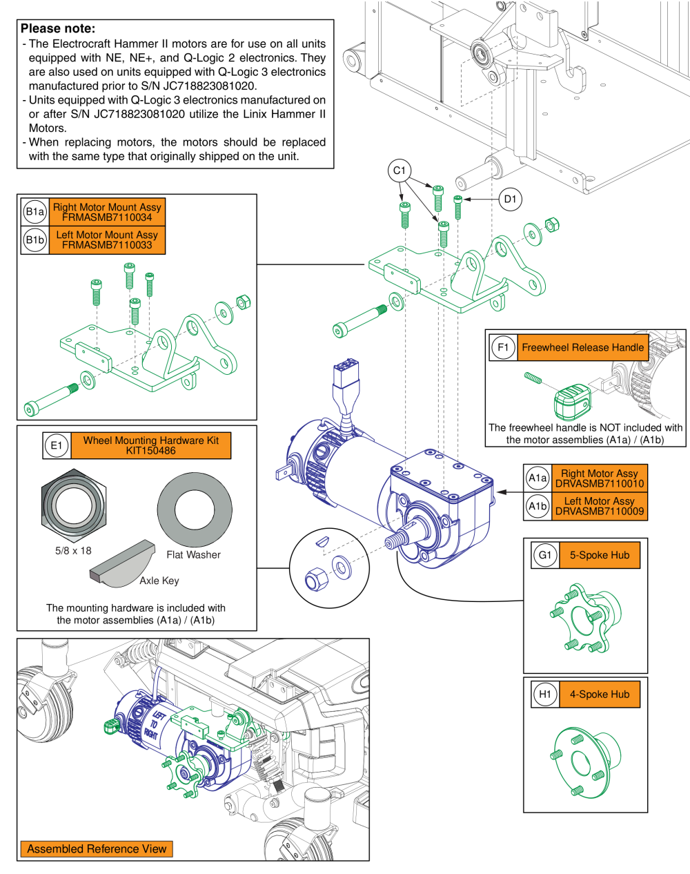 Hammer Ii Drive Motor Assembly, Curtis Connector, Electrocraft 64 parts diagram