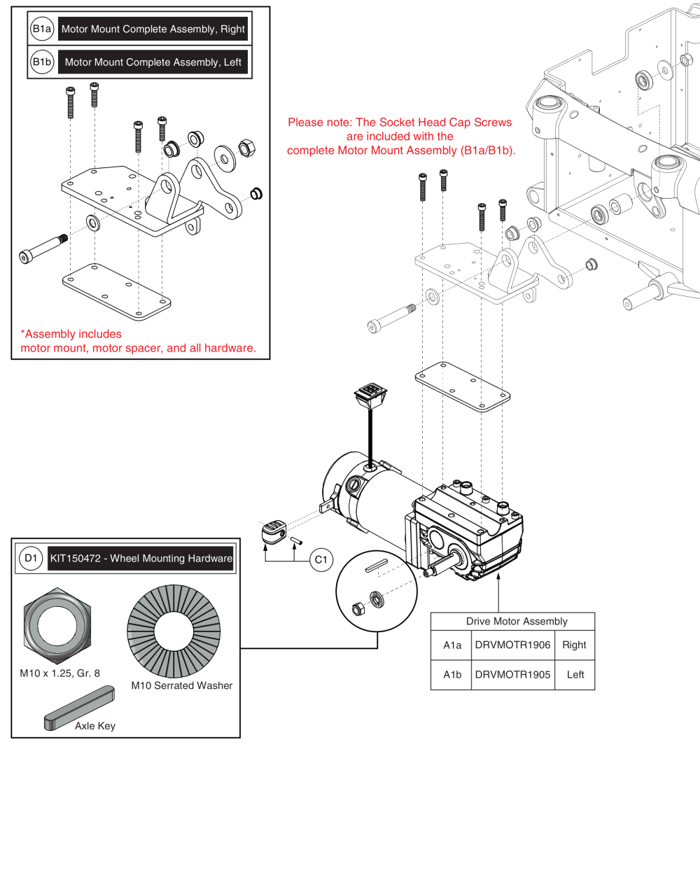E925 H2 Motor W/ Motor & Wheel Mounting Hardware, Q6000z parts diagram