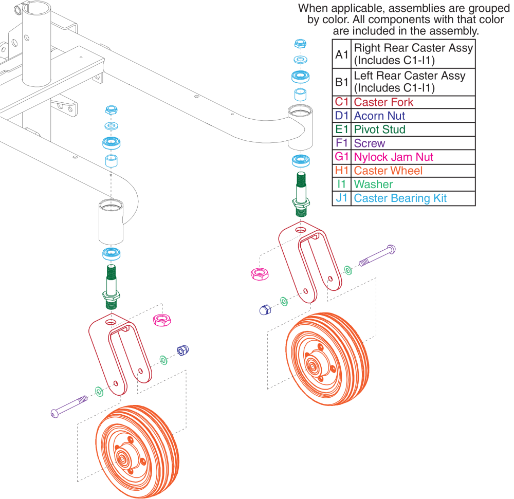 Rear Caster Wheel And Fork Assemblies W/ Bearings And Hardware, Jazzy Elite 6 parts diagram