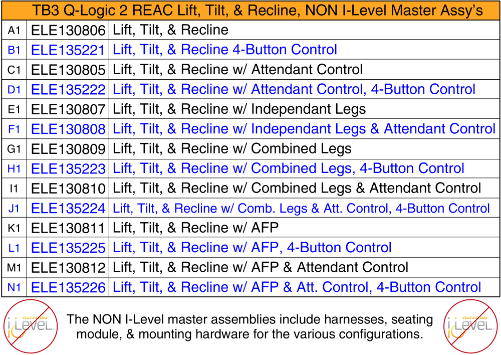 Lift, Tilt, & Recline Master Assy's, Q-logic 2 - Reac Lift / Non I-level parts diagram