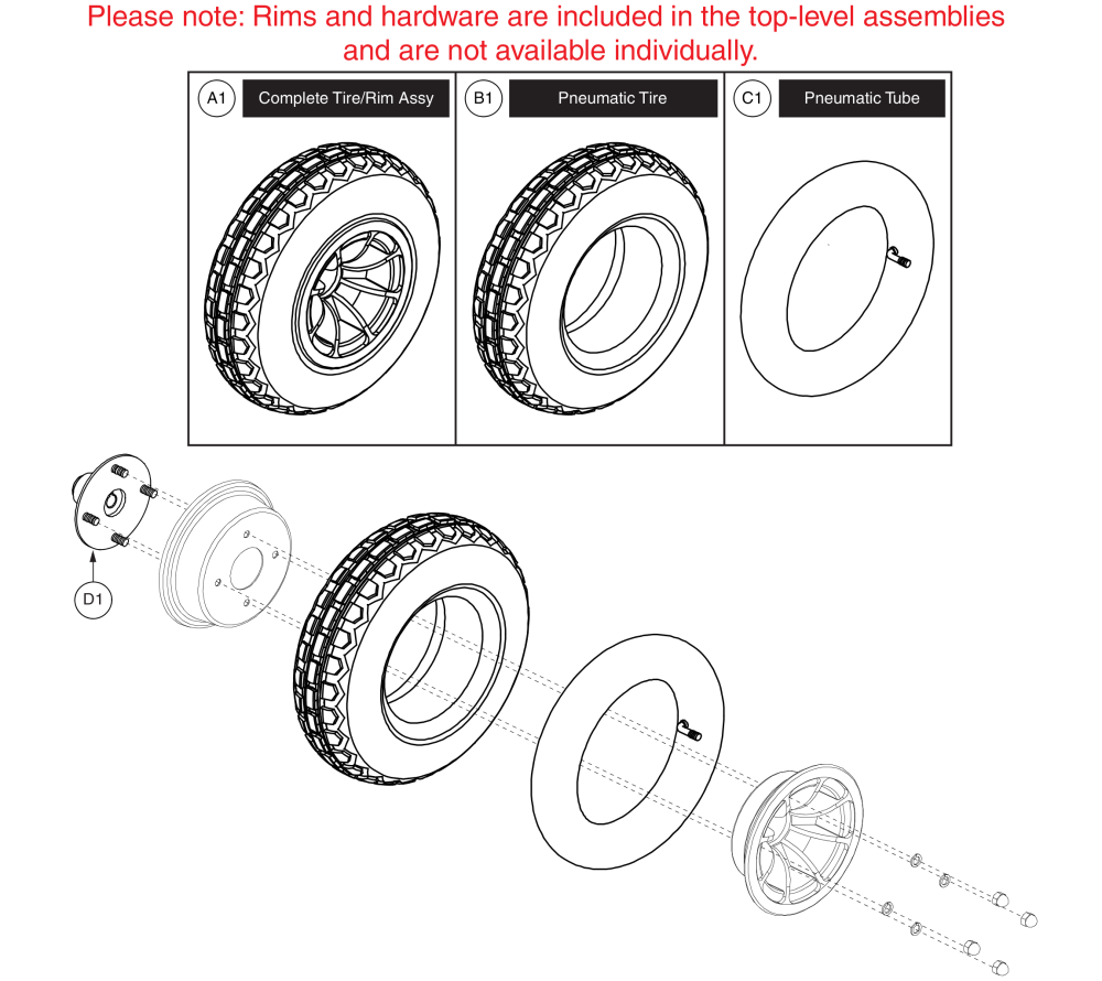 Pneumatic Drive Wheel Assy - 4 Spoke Black Rim/gray 