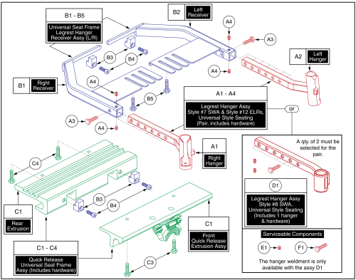 Quick Release (front Latch) Universal Seat Frame, Legrest Hangers, & Receivers parts diagram