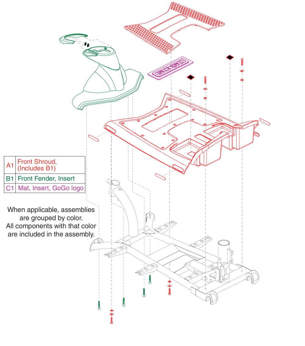 Front Shroud, 3 Wheel, Version 2, Gogo Elite Traveller Plus parts diagram