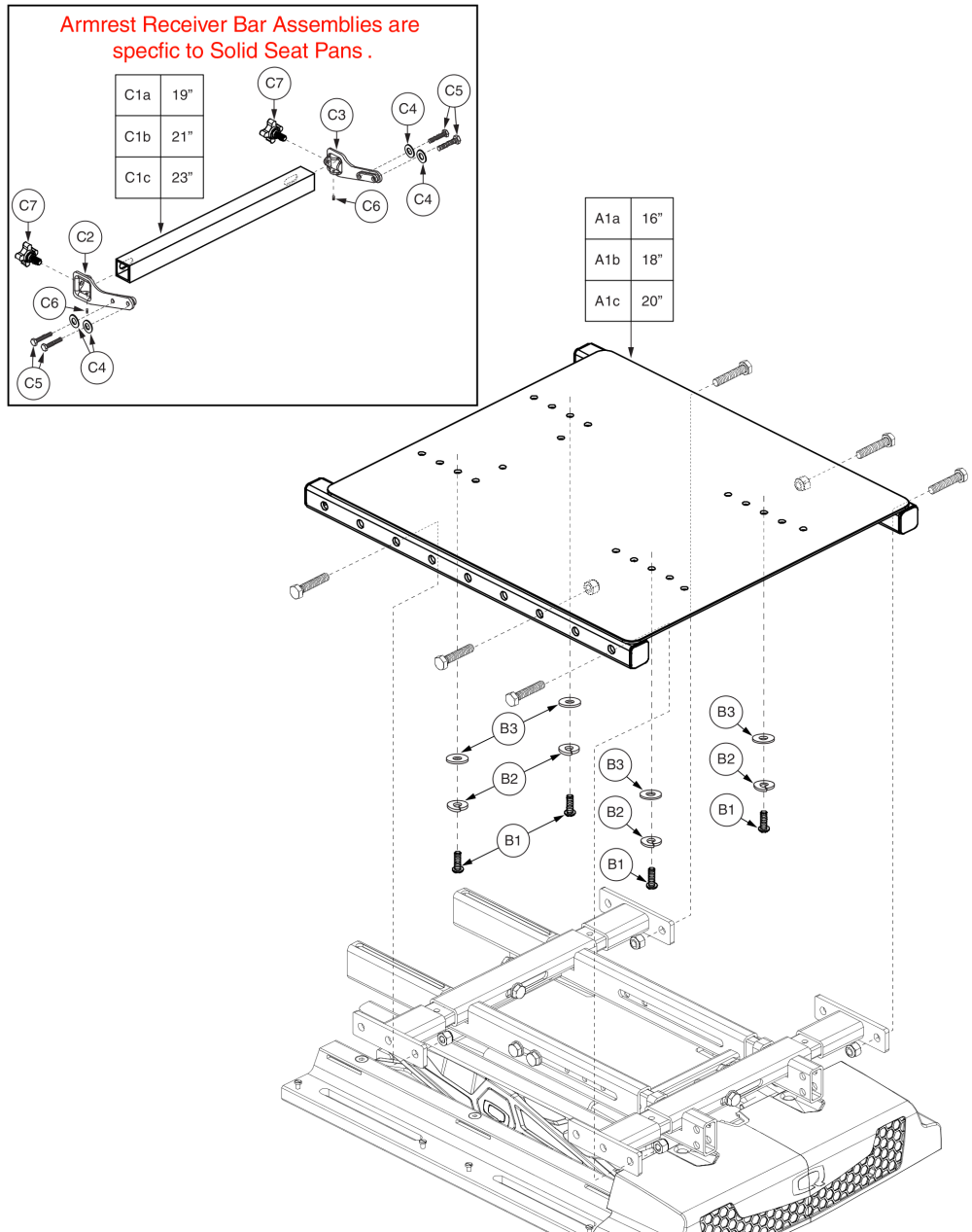 Tb3 Lift Only Seat Pans - Hi-back, Ss, 115° Ltd Recline parts diagram