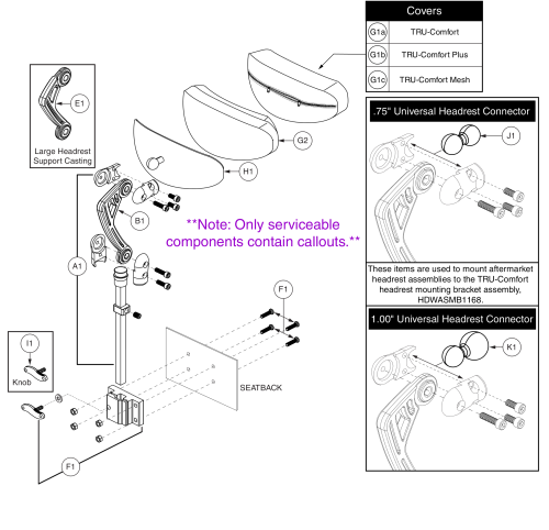 Tru-comfort Headrest Assembly - Solid Back, Pediatric Tilt parts diagram