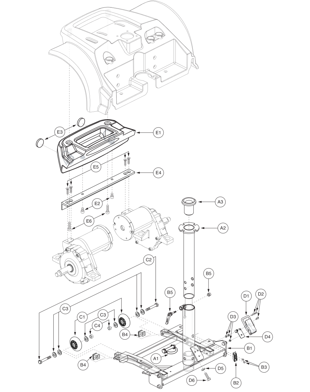 Z-chair Gc Rear Frame Assy W/ Seat Post, Bumper, And Anti-tip Assy (version 2) parts diagram