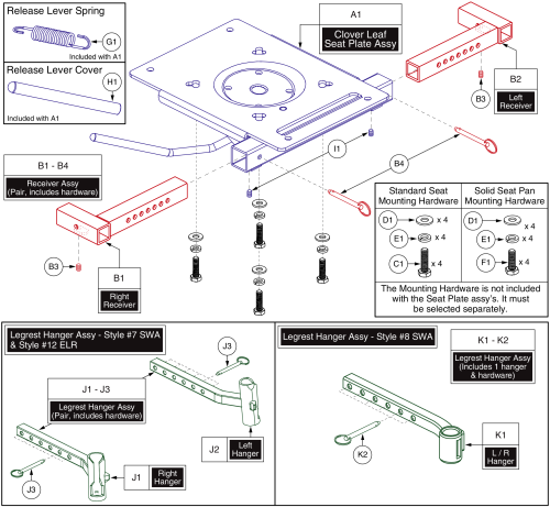 Clover Leaf Seat Frame, Legrest Hangers, & Receivers parts diagram